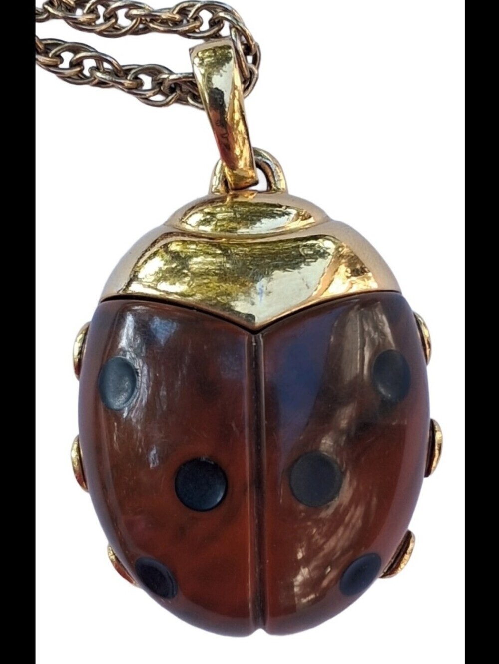 VTG Crown Trifari Faux Tortoise Lucite Ladybug Pendant Long Chain Necklace
